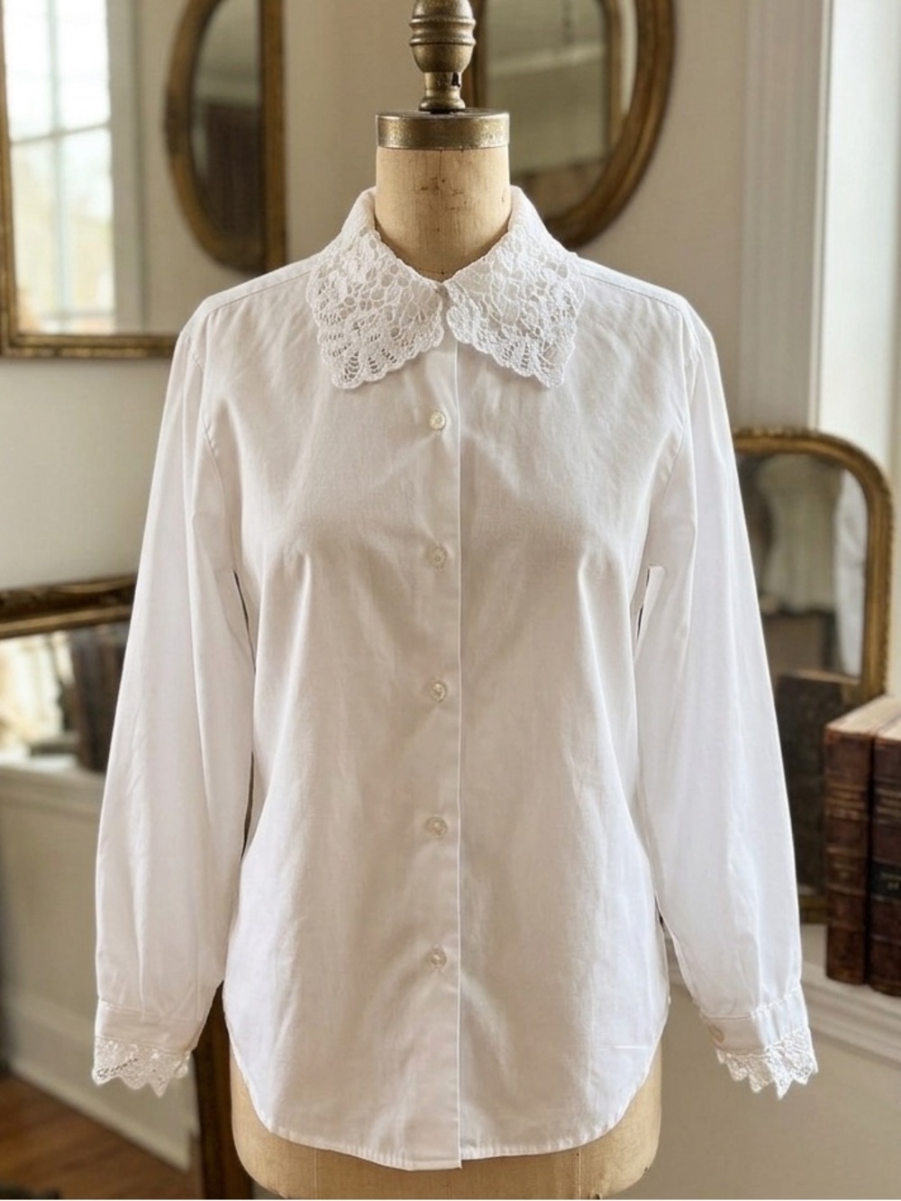 Vintage Hype White Cotton Lace Collar Blouse Victorian Romantic‎ Small